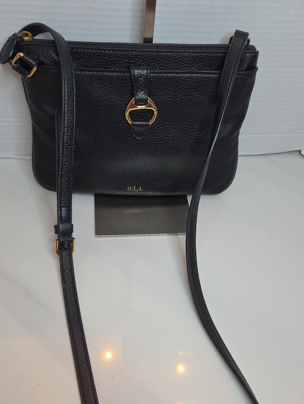 Ralph Lauren Double RL Black Pebbled Leather Crossbody with Gold Ring